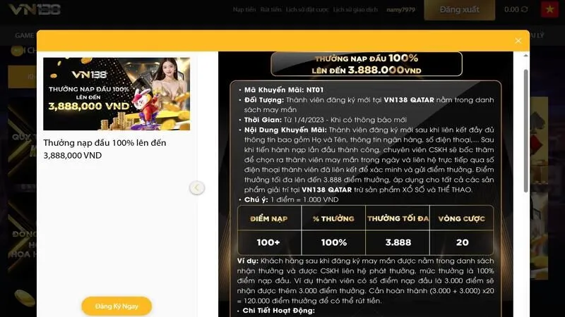 Thưởng nạp lần đầu 100% với tổng giá trị 3.888.000 VNĐ